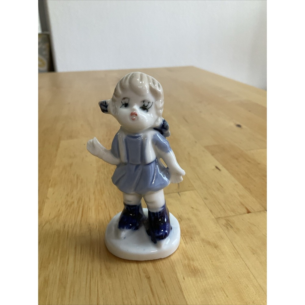 Vintage‎ Porcelain Blue & White Girl On Ice Skates Waving